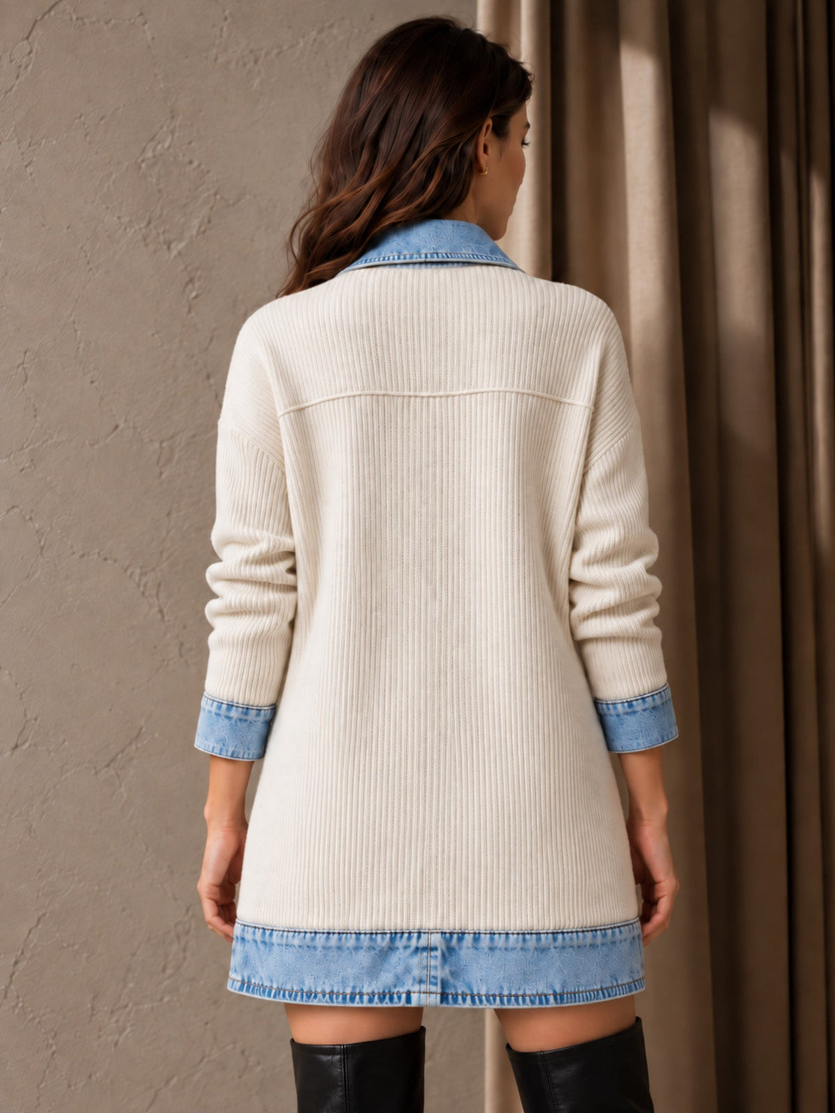 Women’s Denim Jacket with Ribbed Knit Panels