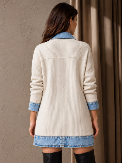 Women’s Denim Jacket with Ribbed Knit Panels