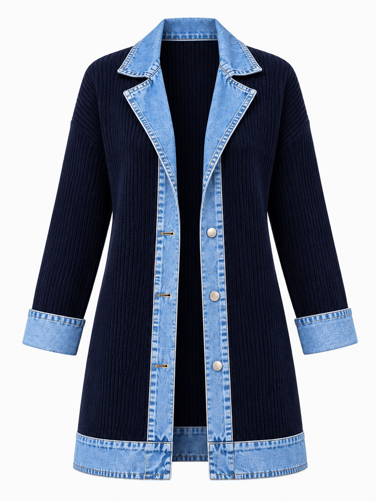 Women’s Denim Jacket with Ribbed Knit Panels