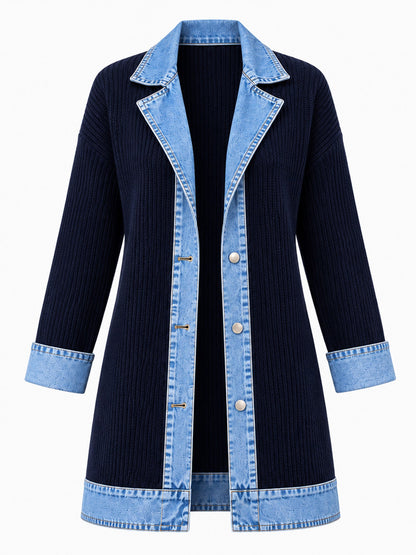 Women’s Denim Jacket with Ribbed Knit Panels