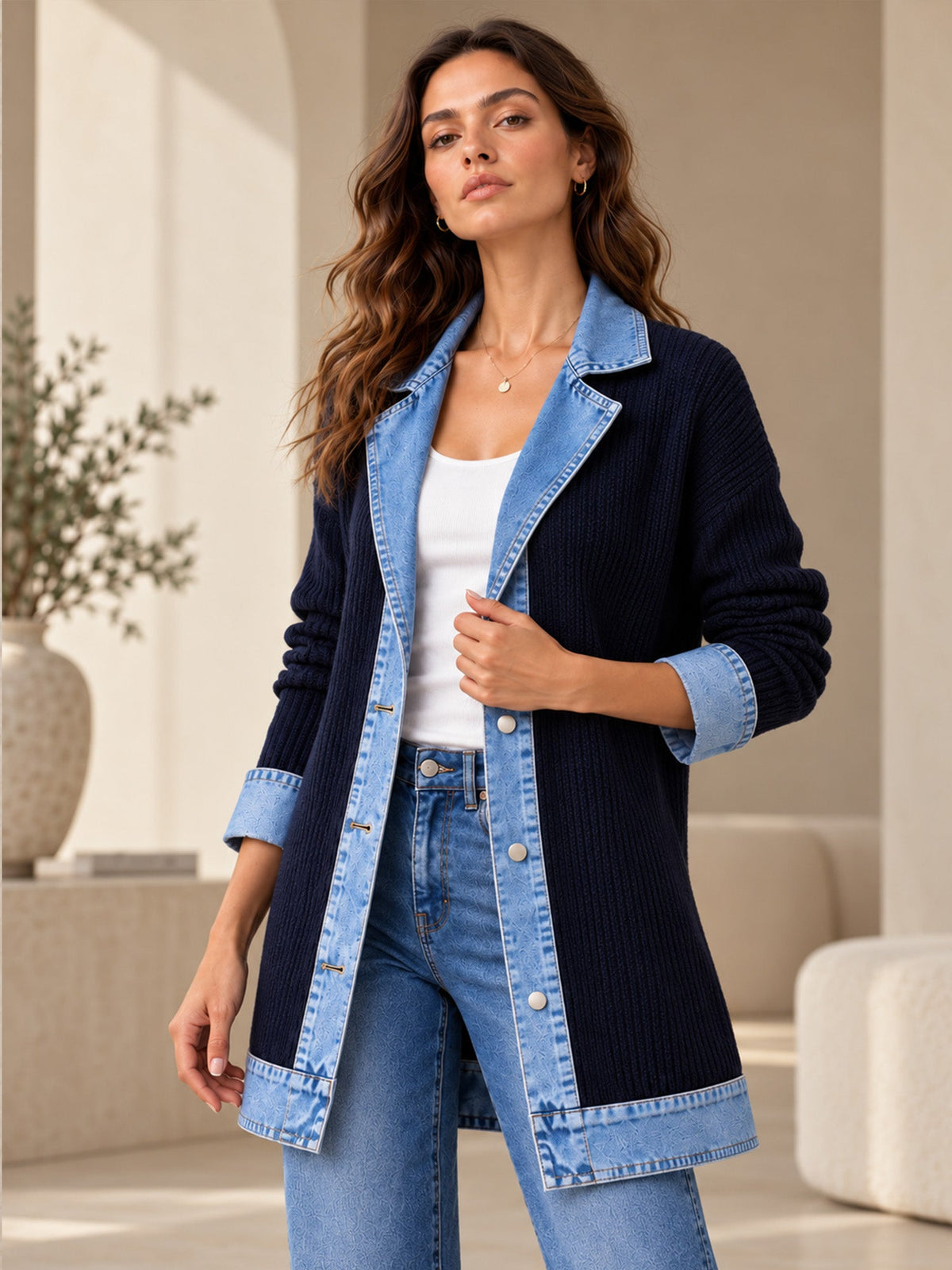 Women’s Denim Jacket with Ribbed Knit Panels