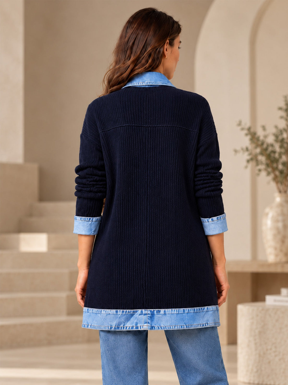 Women’s Denim Jacket with Ribbed Knit Panels