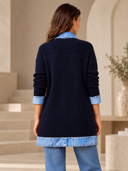 Women’s Denim Jacket with Ribbed Knit Panels