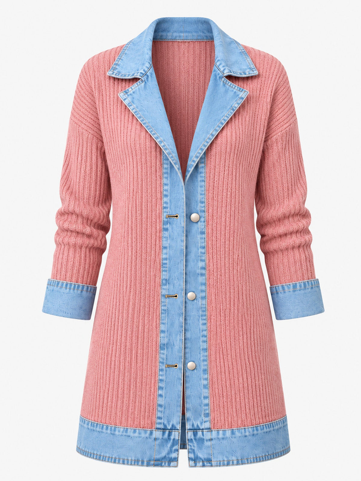 Women’s Denim Jacket with Ribbed Knit Panels