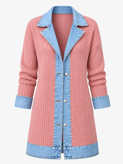 Women’s Denim Jacket with Ribbed Knit Panels