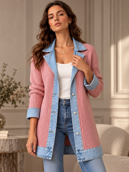Women’s Denim Jacket with Ribbed Knit Panels