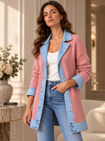 Women’s Denim Jacket with Ribbed Knit Panels
