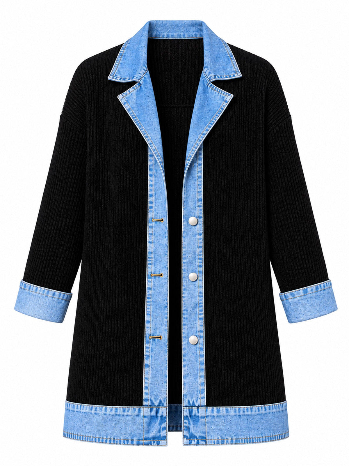 Women’s Denim Jacket with Ribbed Knit Panels