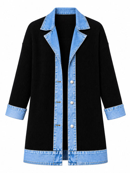 Women’s Denim Jacket with Ribbed Knit Panels