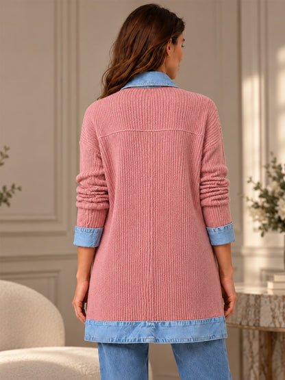 Women’s Denim Jacket with Ribbed Knit Panels