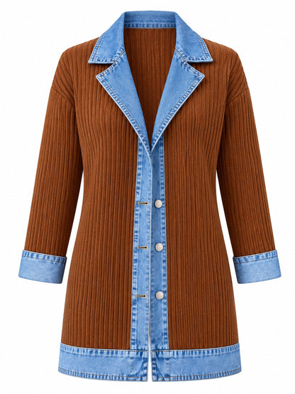 Women’s Denim Jacket with Ribbed Knit Panels
