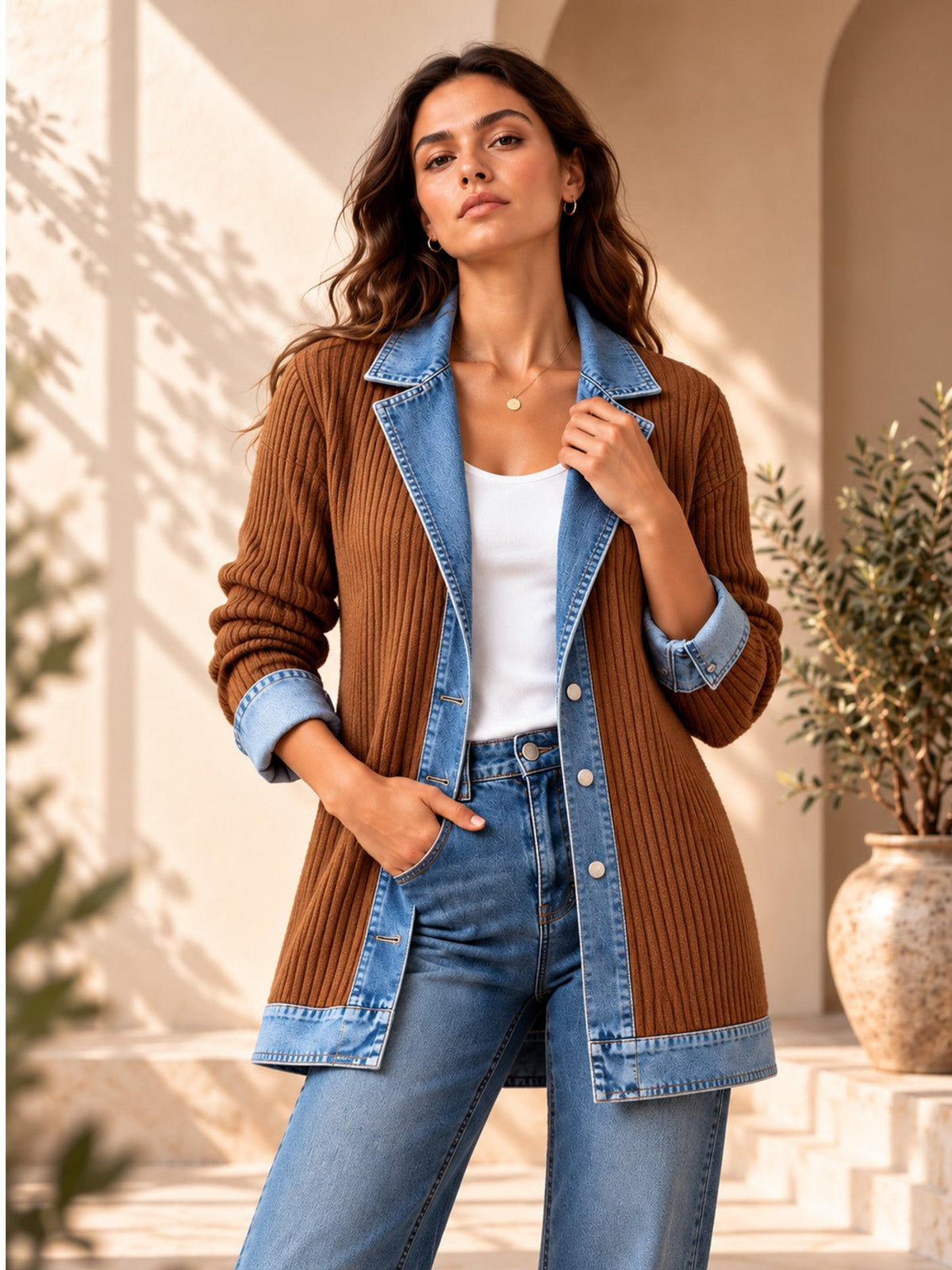 Women’s Denim Jacket with Ribbed Knit Panels