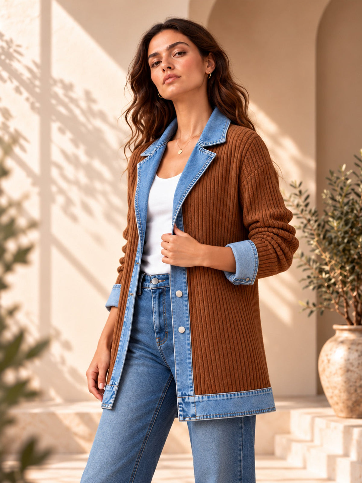 Women’s Denim Jacket with Ribbed Knit Panels
