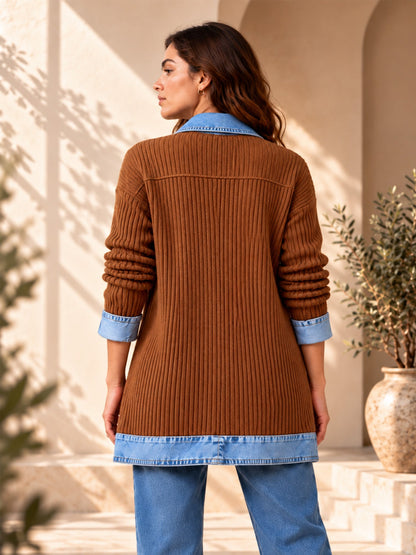 Women’s Denim Jacket with Ribbed Knit Panels
