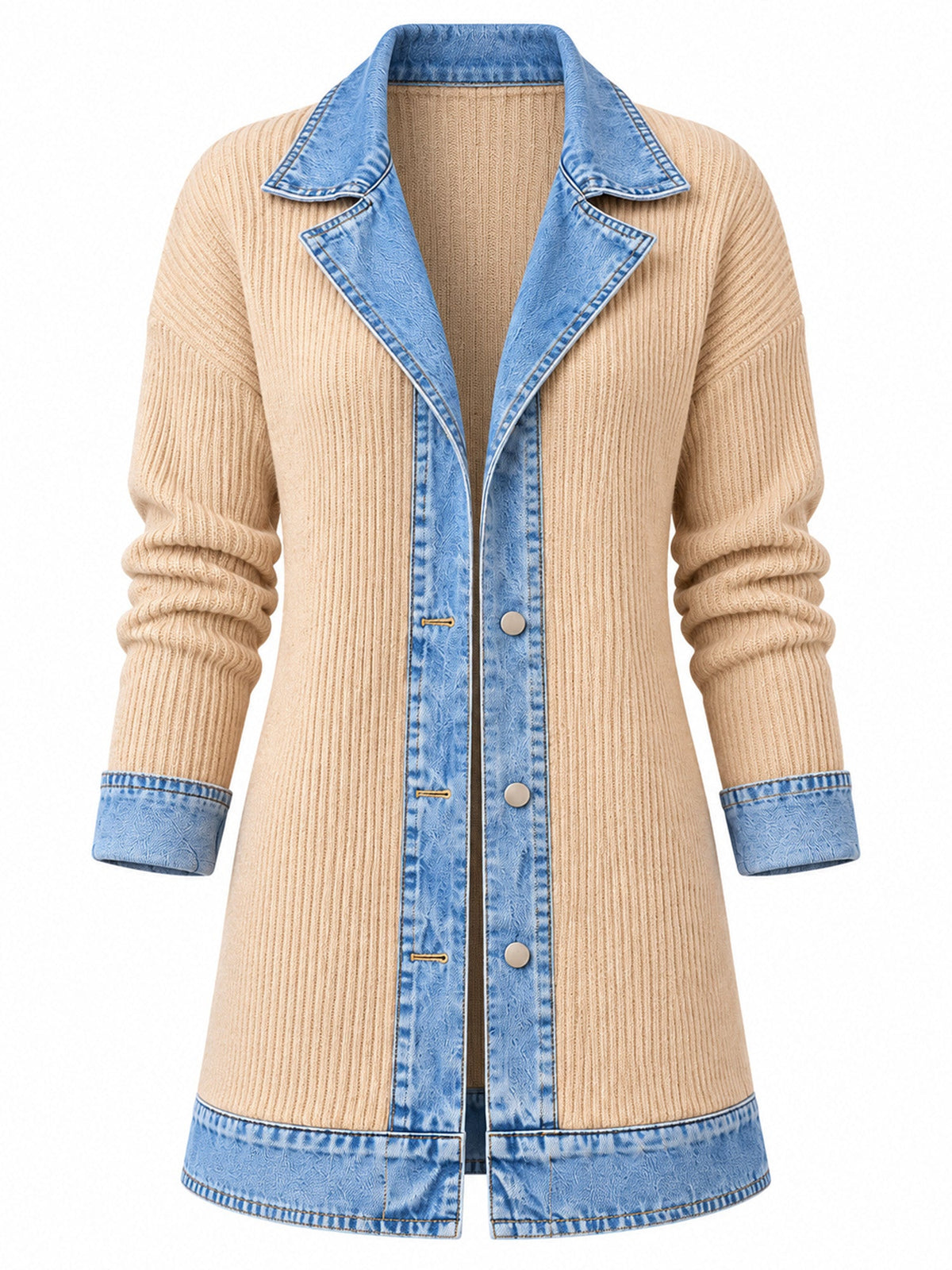 Women’s Denim Jacket with Ribbed Knit Panels