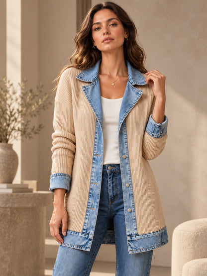 Women’s Denim Jacket with Ribbed Knit Panels