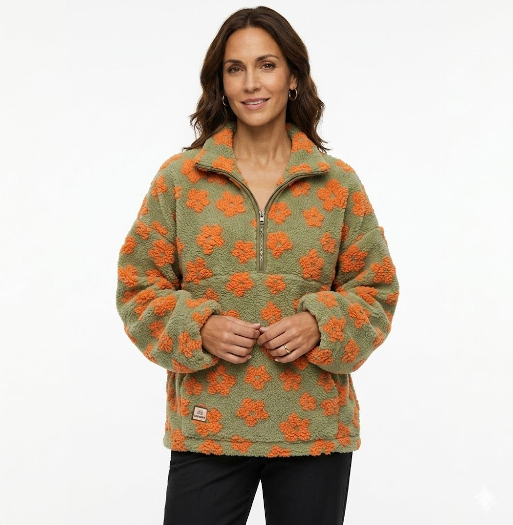 FLEECE-LINED FLORAL PRINT SWEATSHIRT