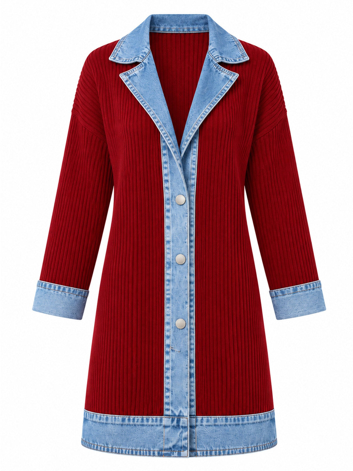Women’s Denim Jacket with Ribbed Knit Panels
