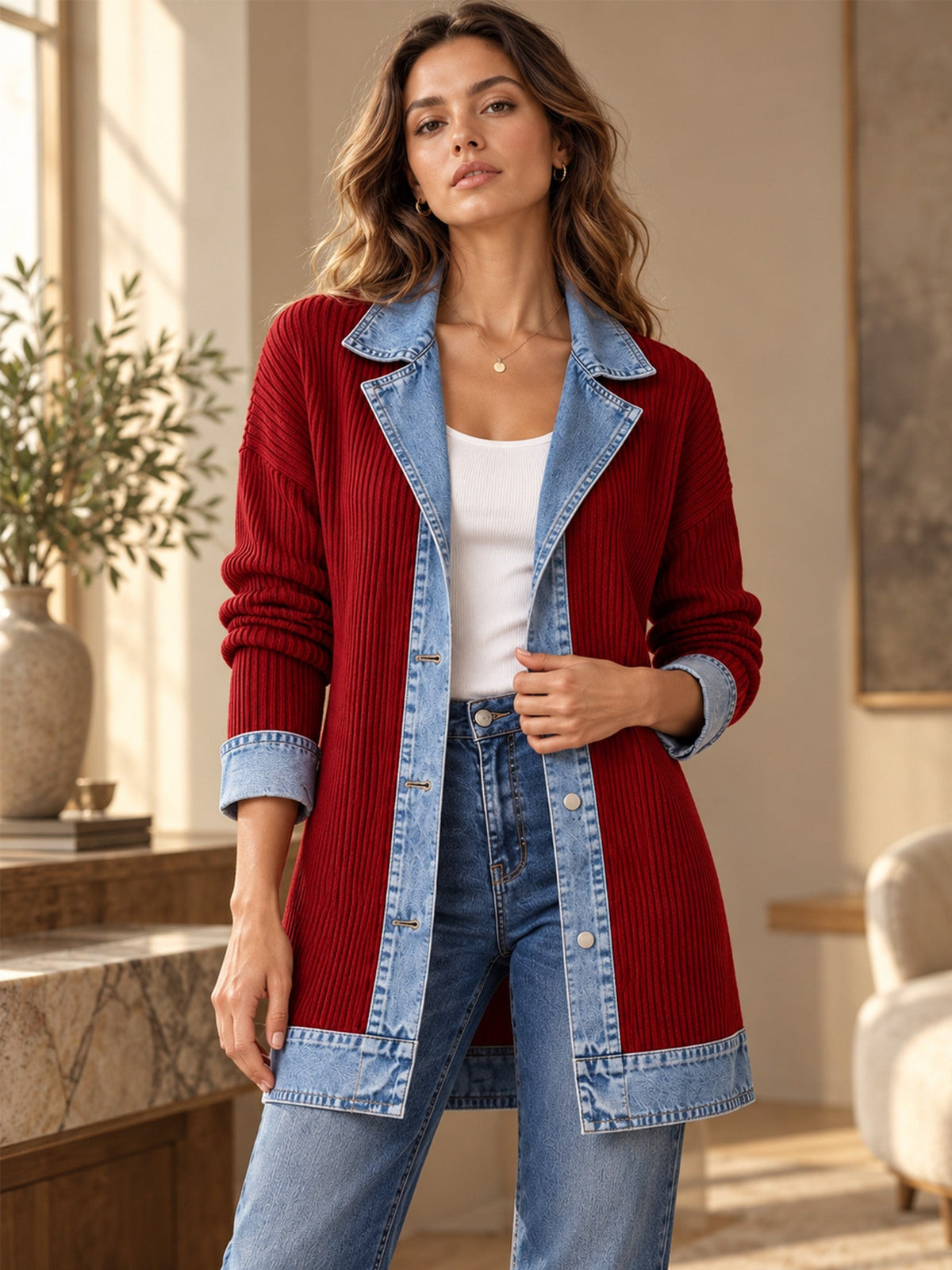 Women’s Denim Jacket with Ribbed Knit Panels