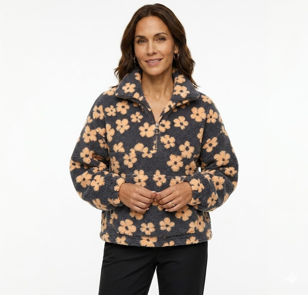 FLEECE-LINED FLORAL PRINT SWEATSHIRT