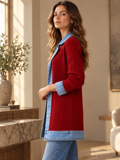 Women’s Denim Jacket with Ribbed Knit Panels