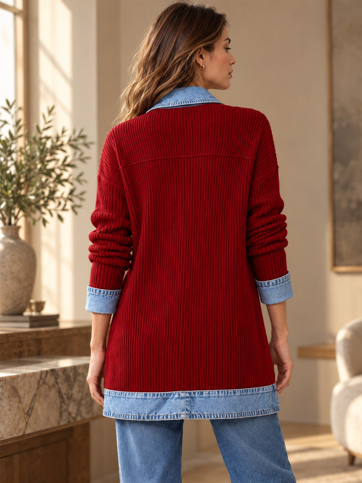 Women’s Denim Jacket with Ribbed Knit Panels