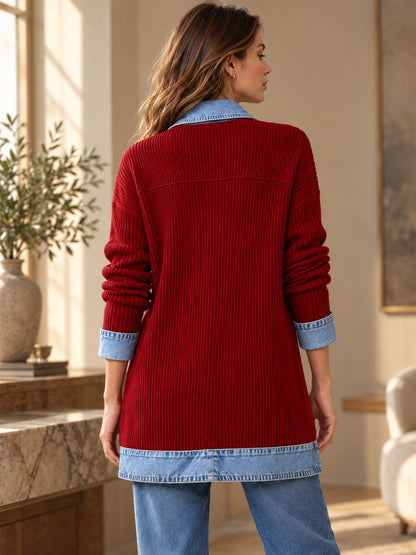 Women’s Denim Jacket with Ribbed Knit Panels
