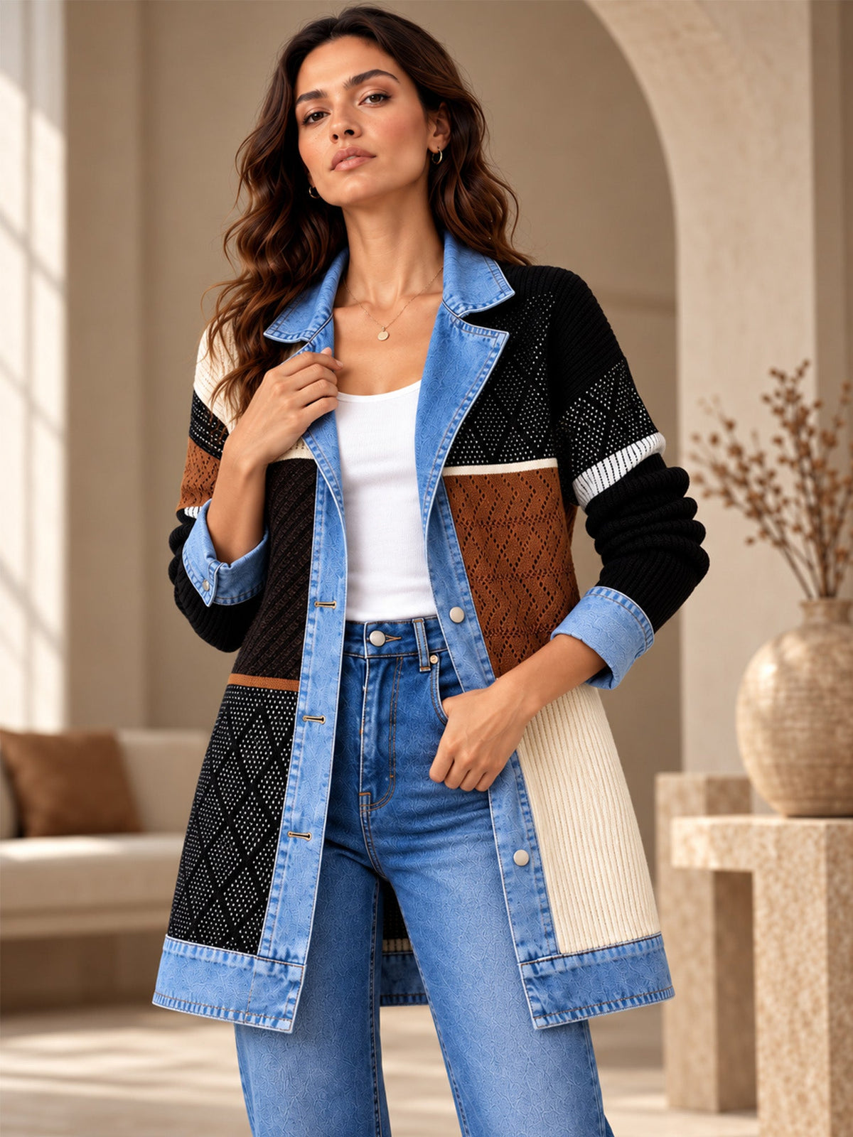 Women’s Denim Jacket with Ribbed Knit Panels