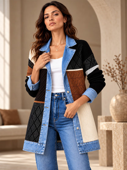 Women’s Denim Jacket with Ribbed Knit Panels