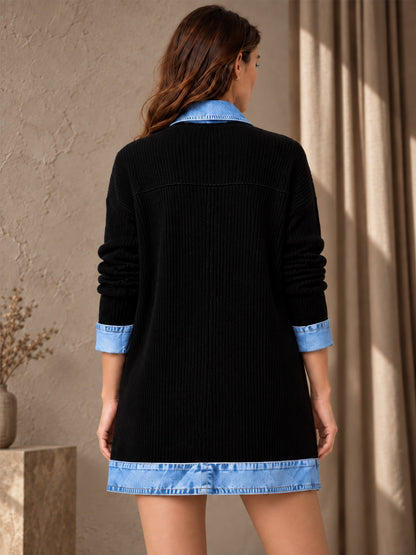 Women’s Denim Jacket with Ribbed Knit Panels