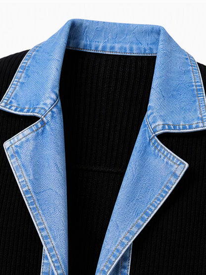 Women’s Denim Jacket with Ribbed Knit Panels