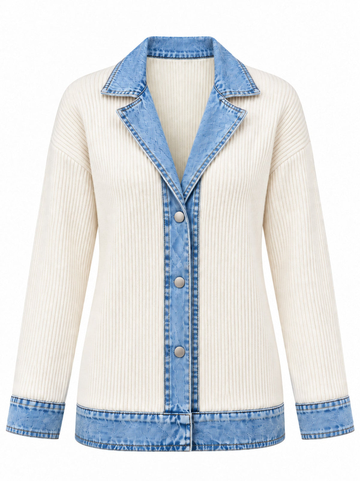 Women’s Denim Jacket with Ribbed Knit Panels