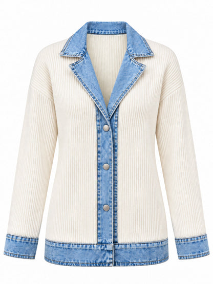 Women’s Denim Jacket with Ribbed Knit Panels