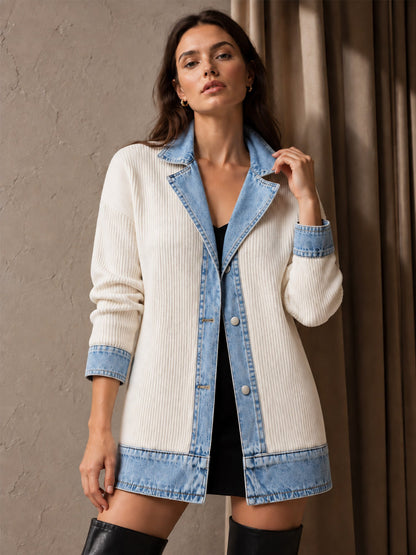 Women’s Denim Jacket with Ribbed Knit Panels