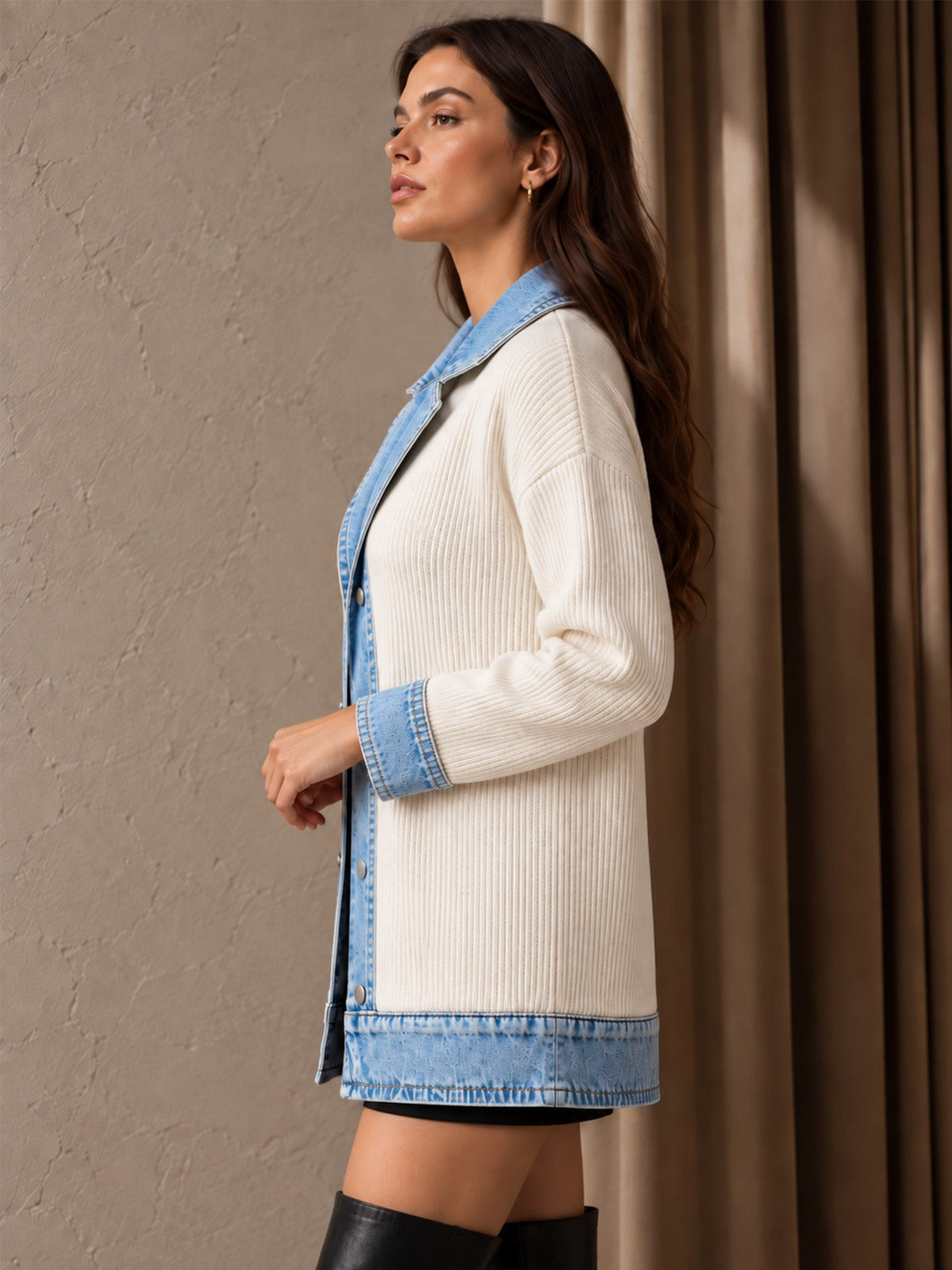 Women’s Denim Jacket with Ribbed Knit Panels