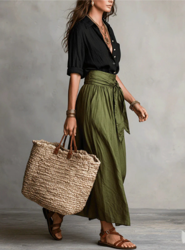 Catalina ™| Two-piece set: black shirt and olive green midi skirt