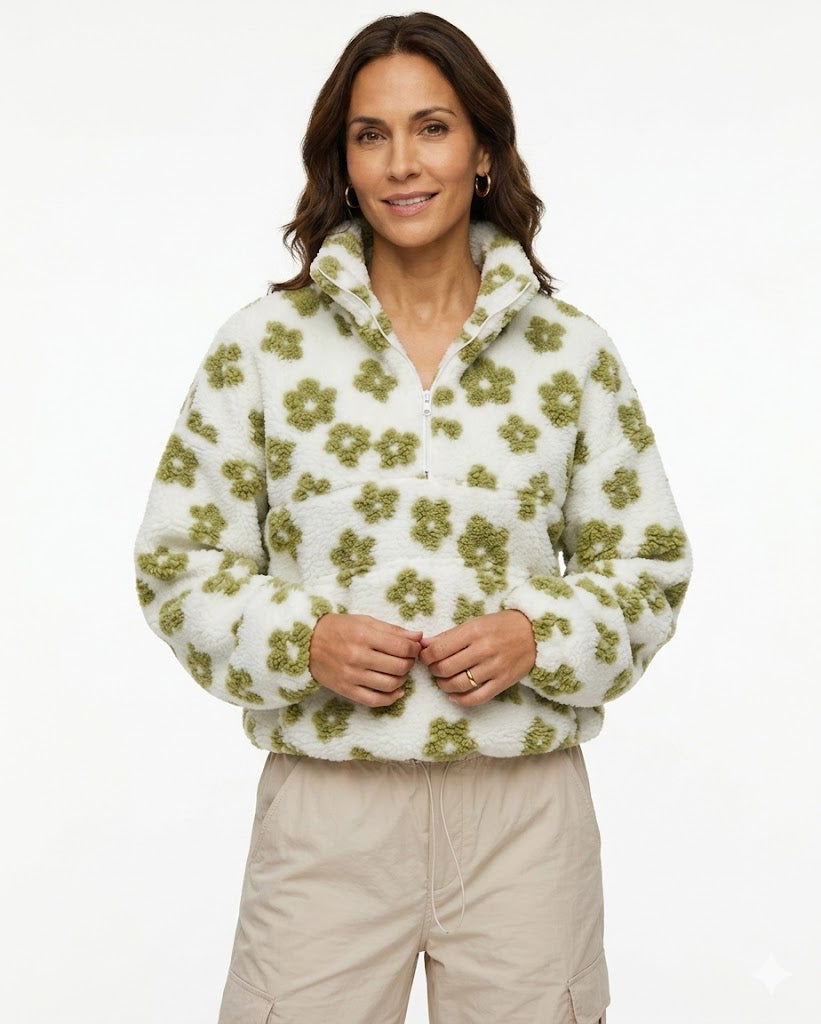 FLEECE-LINED FLORAL PRINT SWEATSHIRT