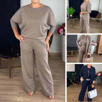 3-piece set consisting of a long cardigan, top, and trousers.