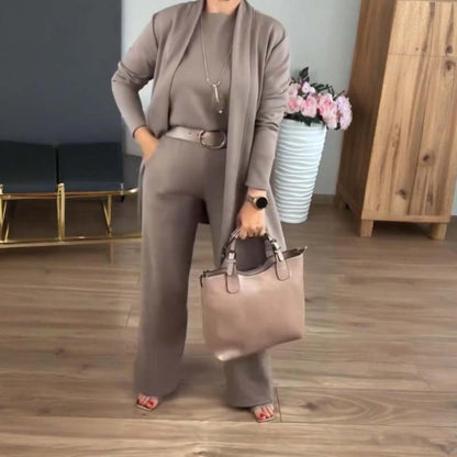 3-piece set consisting of a long cardigan, top, and trousers.