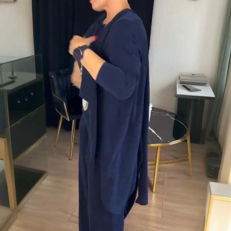 3-piece set consisting of a long cardigan, top, and trousers.