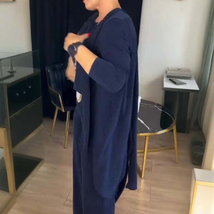 3-piece set consisting of a long cardigan, top, and trousers.