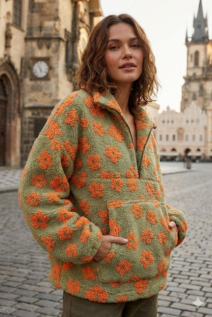 FLEECE-LINED FLORAL PRINT SWEATSHIRT