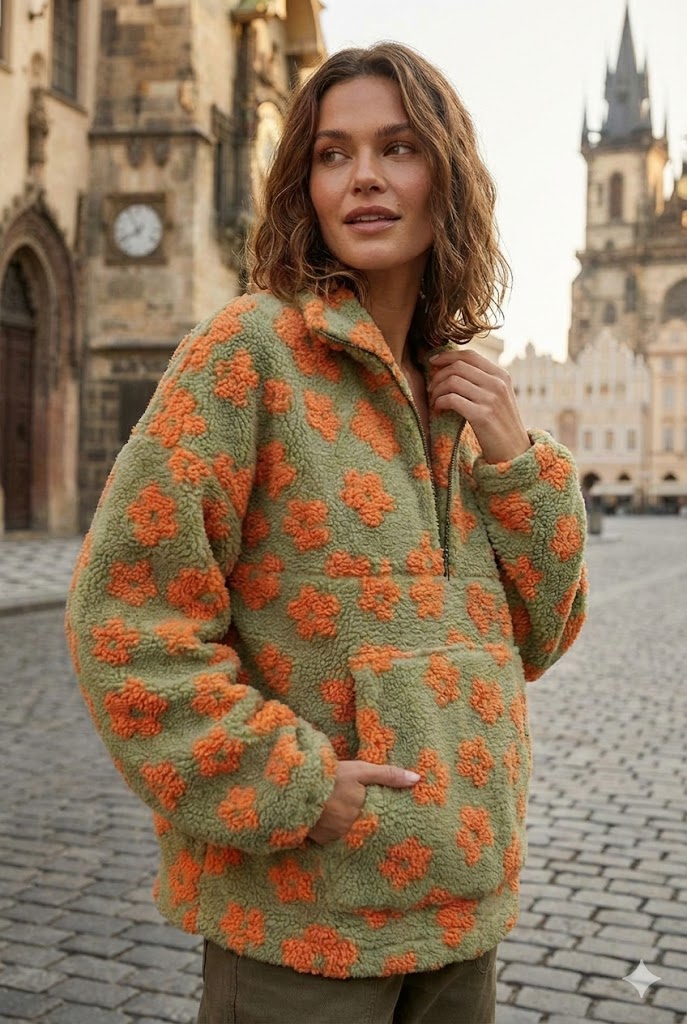 FLEECE-LINED FLORAL PRINT SWEATSHIRT