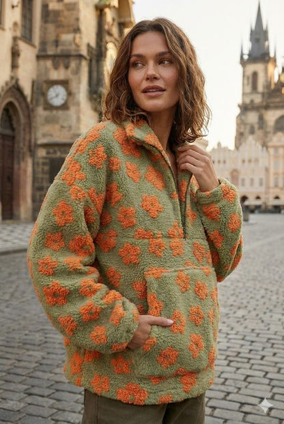 FLEECE-LINED FLORAL PRINT SWEATSHIRT