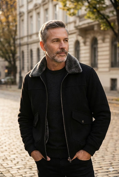 FAUX SHEARLING COLLAR BOMBER JACKET