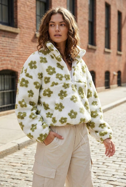 FLEECE-LINED FLORAL PRINT SWEATSHIRT